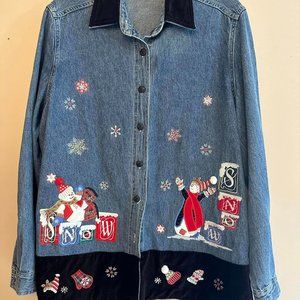 Quizz Again Denim Christmas Embroidered Snowman Snowflake Shirt Size L Vintage